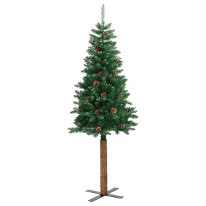Schlanker, grüner künstlicher Weihnachtsbaum 150 cm mit Echtholzstamm, Zapfen und schwarzem Metallständer. Festliche Dekoration.