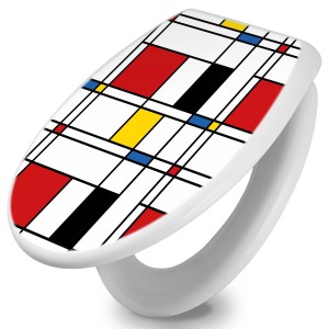 Weißer WC-Sitz mit Absenkautomatik und farbigem, geometrischem Muster (Rot, Gelb, Blau).