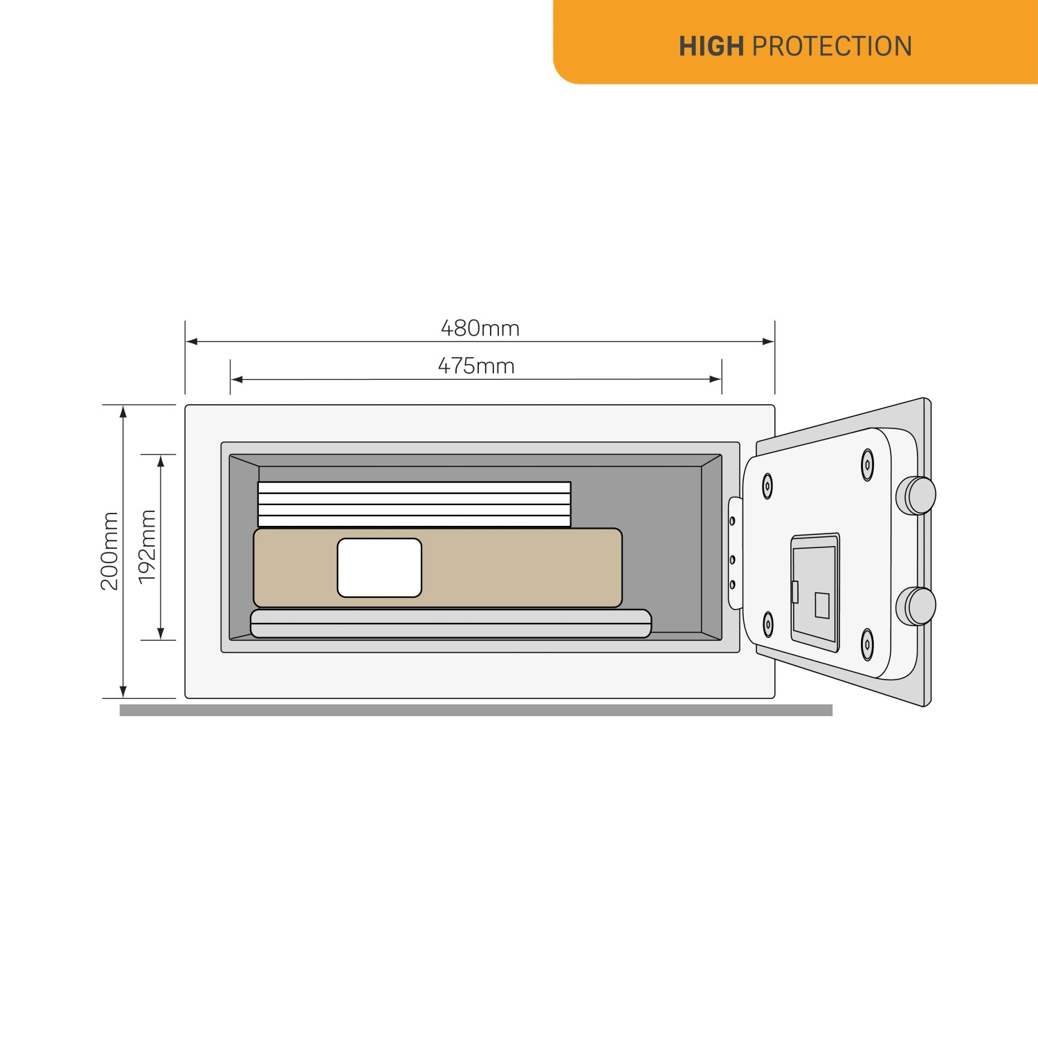 Offener Yale Tresor High Security Safe Laptop 26,9 l mit Code, Innenansicht mit Laptop und Dokumenten.
