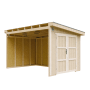 Timbela Premium Gartenschuppen M939B, beige-braun, 8,68 m², mit Doppeltür und offenem Anbau.