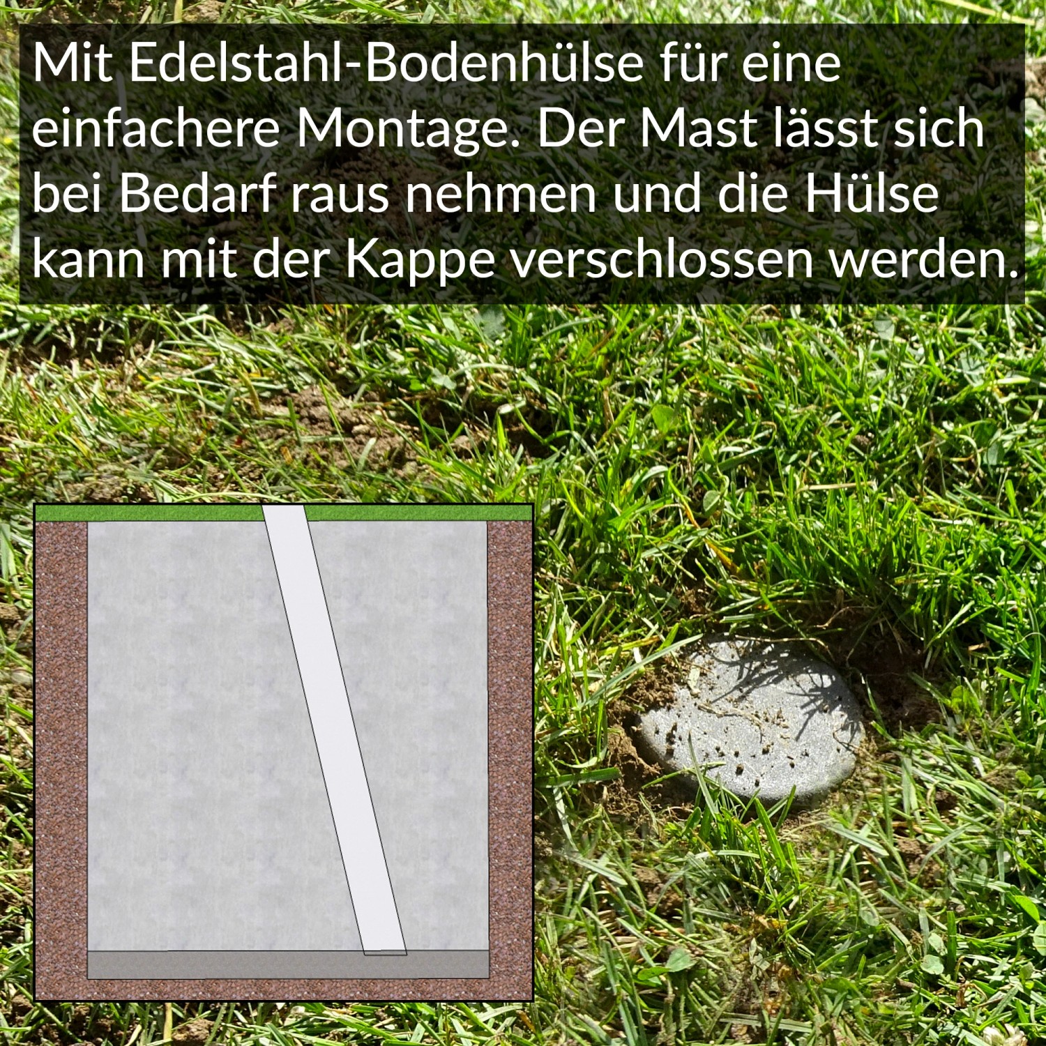 Toldoro Sonnensegelmast: Detail der Bodenhülse im Rasen für einfache Montage des Sonnensegel Pfostens.