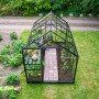 Schwarzes Halls Gewächshaus Popular 6,2 m² im Garten mit geöffneter Tür und Pflanzen.