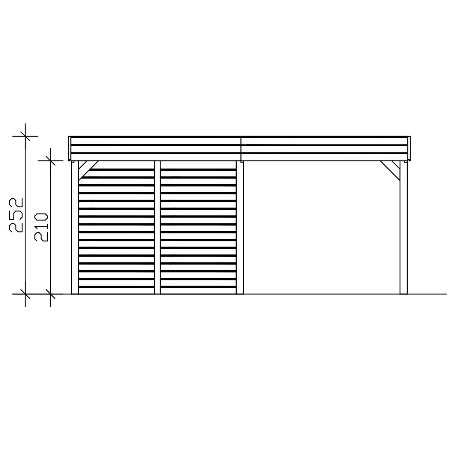 Skan Holz Carport Friesland mit Abstellraum. Technische Seitenansicht, Flachdach-Carport mit Schuppen, Maße 252/210.