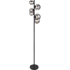 Moderne LED-Stehlampe Riha, 6-flammig, schwarz matt mit rauchfarbenen Glaskugeln.