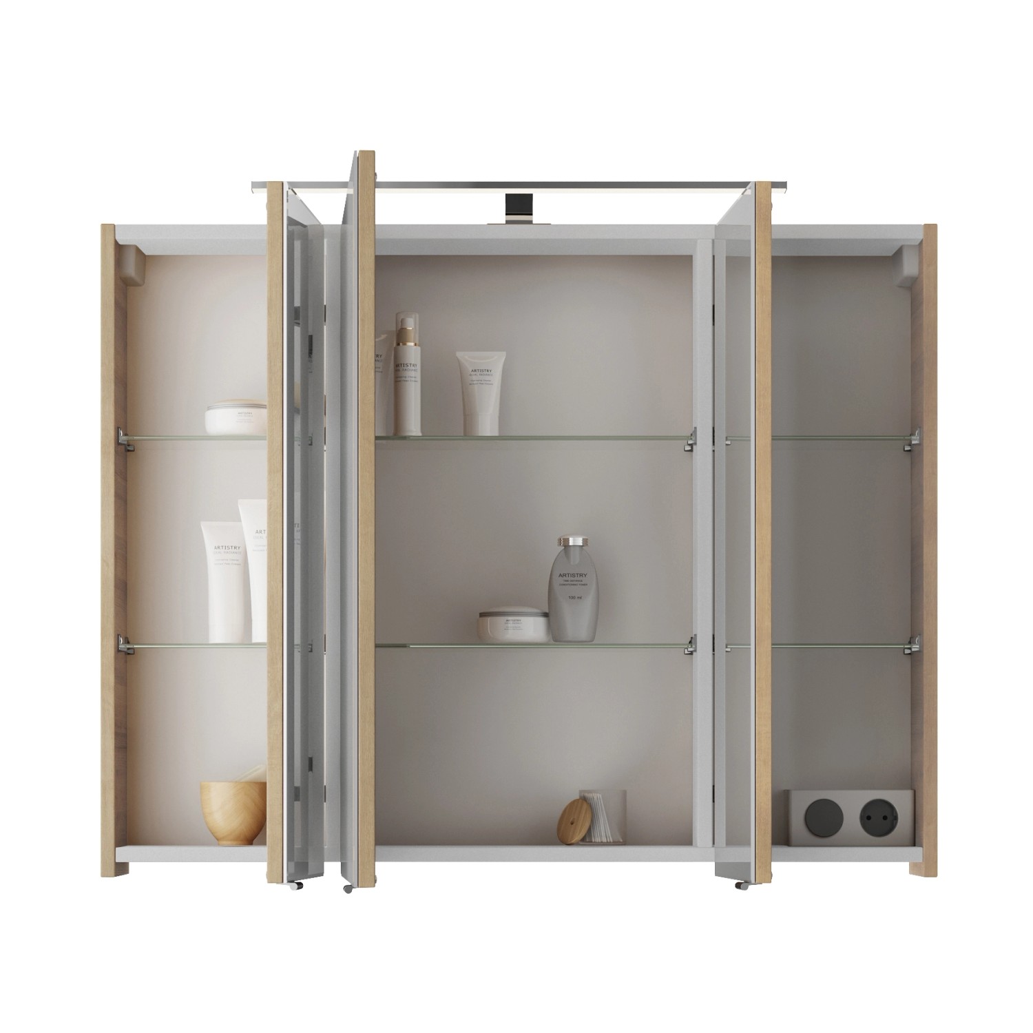 Pelipal Badmöbel-Set Serie 4035 mit Spiegelschrank in Riviera Eiche, Innenansicht mit Glasböden.