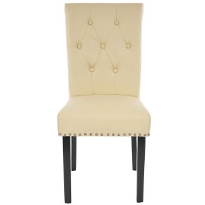 Cremefarbener Chesterfield Esszimmerstuhl (2er-Set) mit dunklen Beinen und Kunstlederbezug.