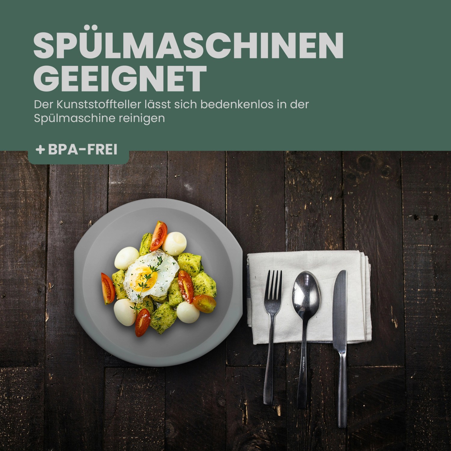 Graues ProHome Kunststofftablett mit Speisen, BPA-frei und spülmaschinengeeignet.