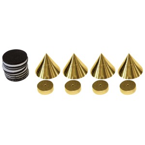 Dynavox Lautsprecher Spikes 4er Set aus Messing mit Filzgleitern und Unterlegscheiben.