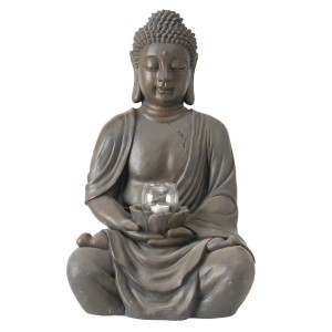 Braunes Boltze Windlicht Buddha, 61 cm, für Garten & Terrasse. Dekorative Gartendeko mit Kerzenlicht.