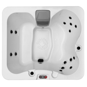 Canadian Spa Manitoba Whirlpool für 4 Personen, Aufsicht. Kompakter, weißer Outdoor-Whirlpool mit Düsen.