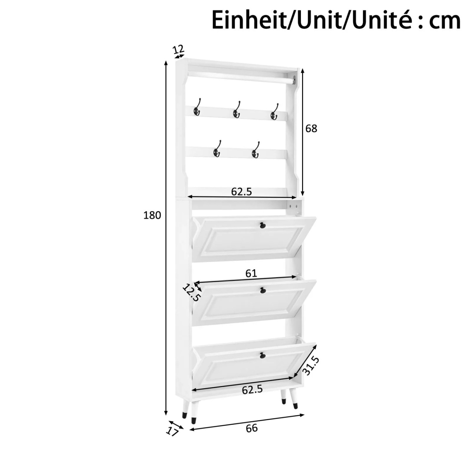 Weiße Flurgarderobe mit 6 Haken, Kleiderstange und 3 Klapptüren für Schuhe. Maße: 180x66x17 cm.