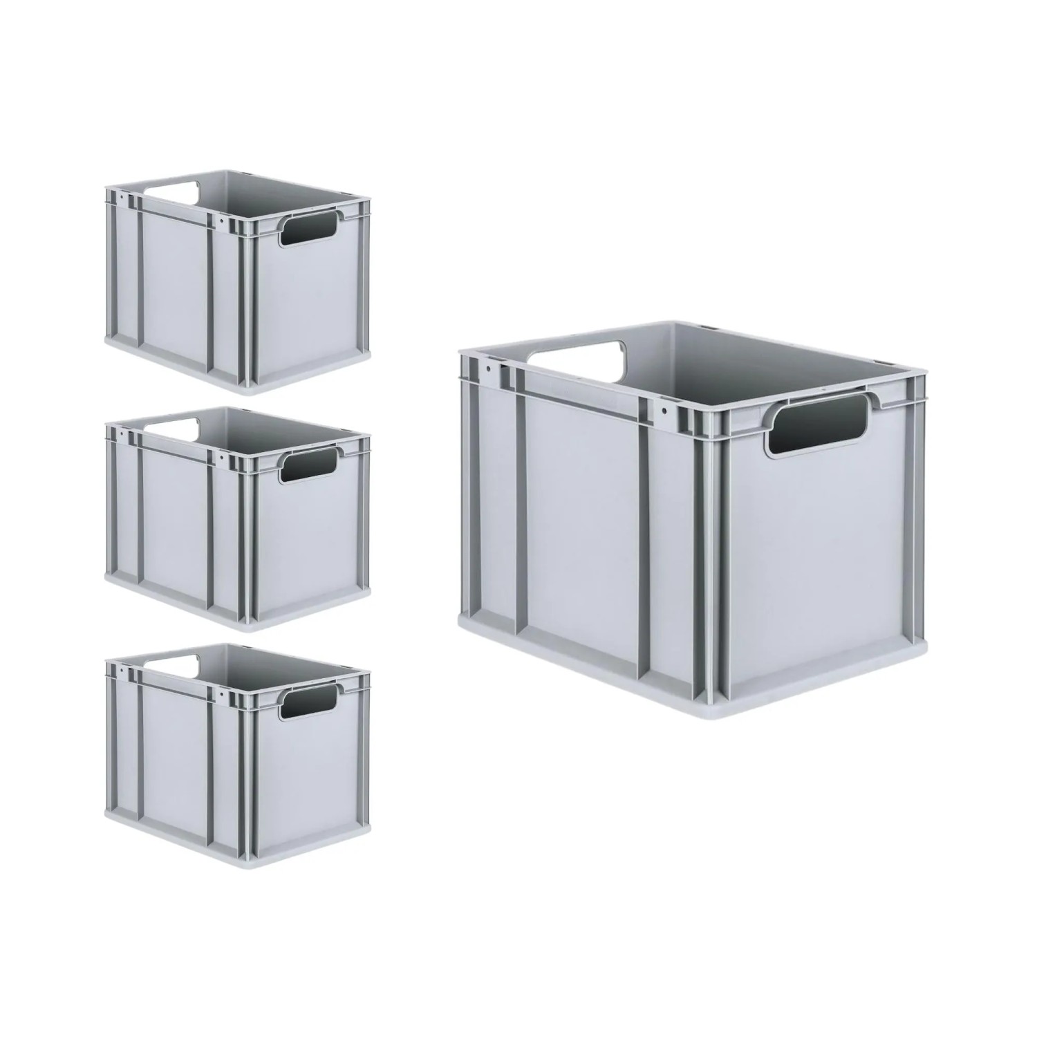 PROREGAL Spar Set: 4 graue Euroboxen mit Auflagedeckel, 30 Liter, für Lagerung und Transport.