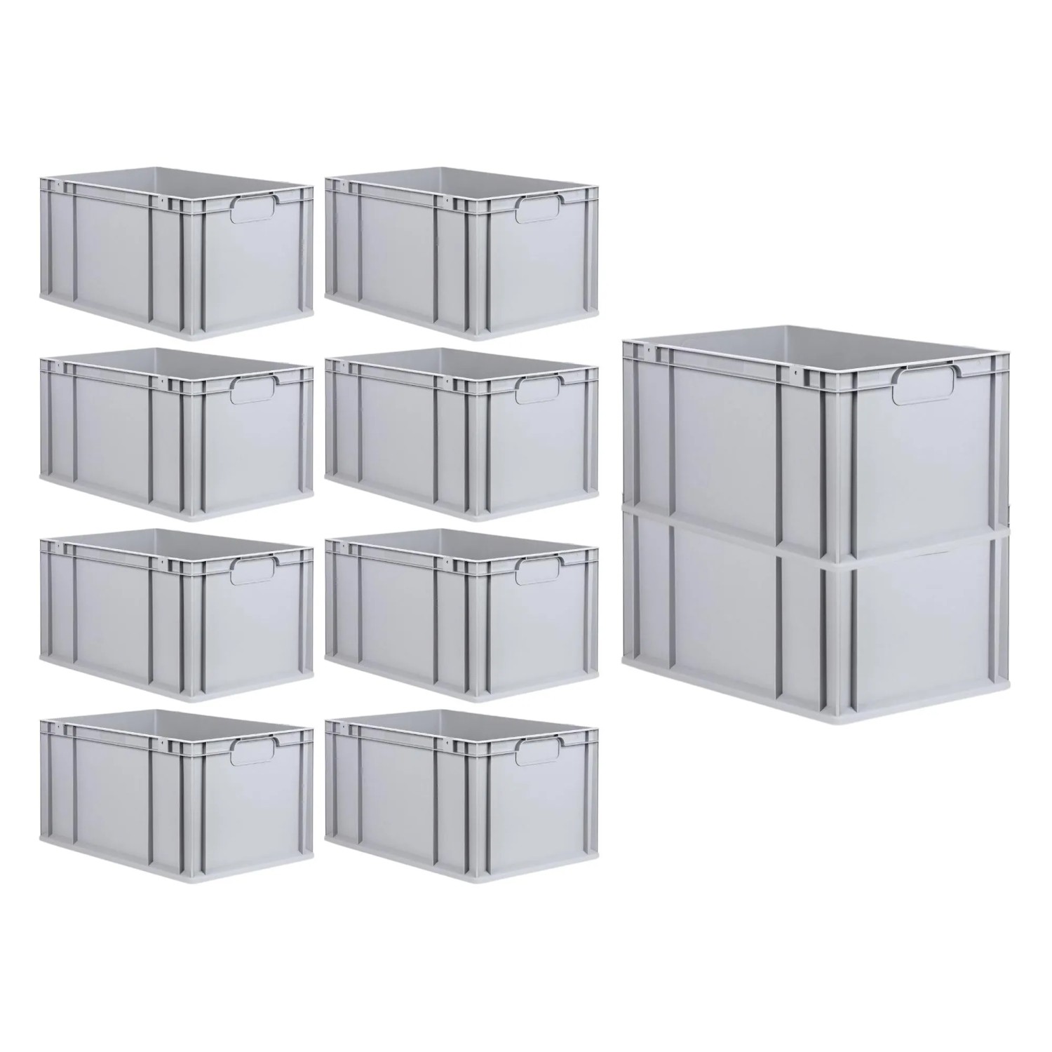 PROREGAL Spar Set: 10 graue Euroboxen mit Deckel und Schnappverschlüssen, 65 Liter, für Lagerung und Transport.