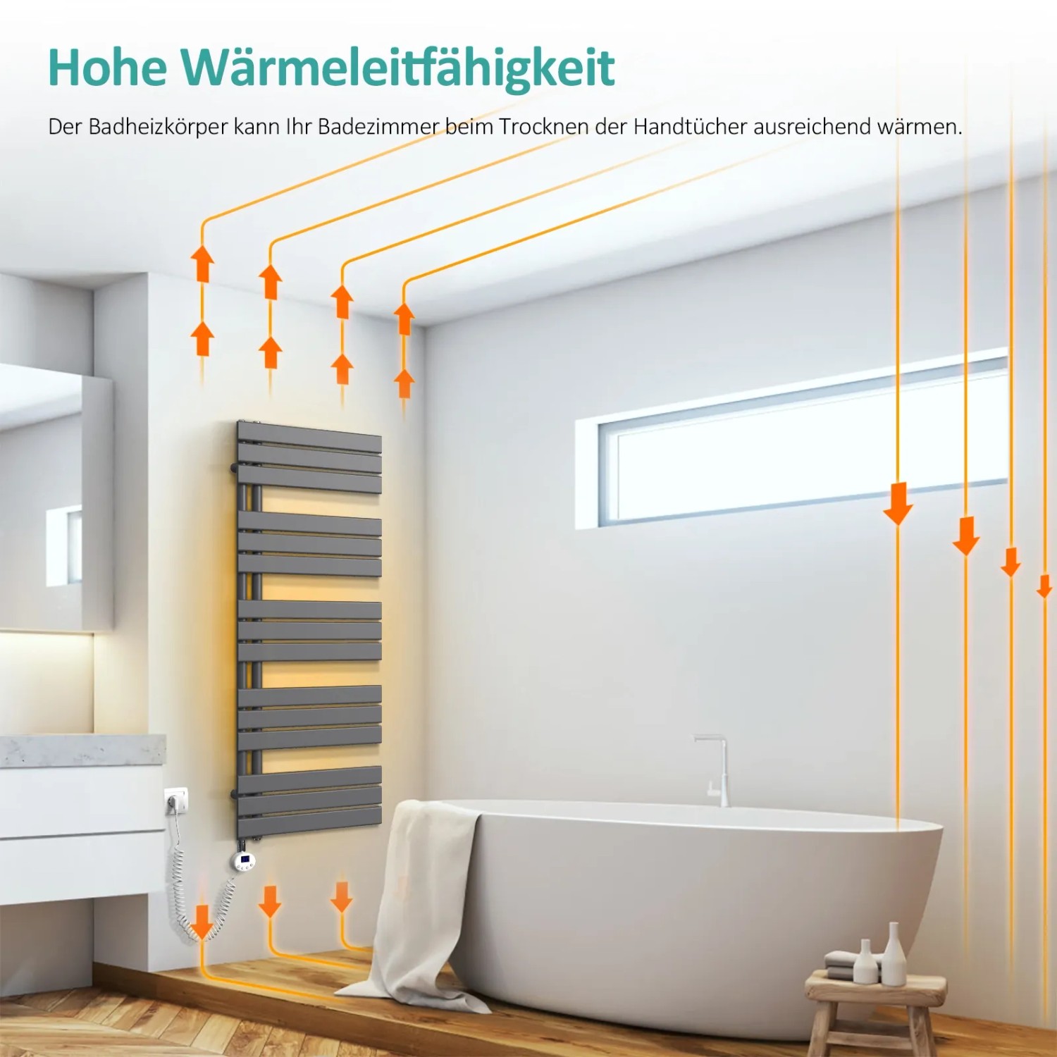 Anthrazitfarbener, elektrischer Badheizkörper mit Thermostat im Badezimmer.