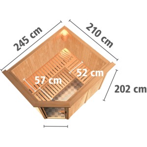Karibu Sauna mit Bio-Ofen und LED-Dachkranz, Ansicht von oben mit Maßen.