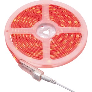 Aufgerolltes LED-Flexband RGB, 5 m, mit rotem Licht und Anschlusskabel.