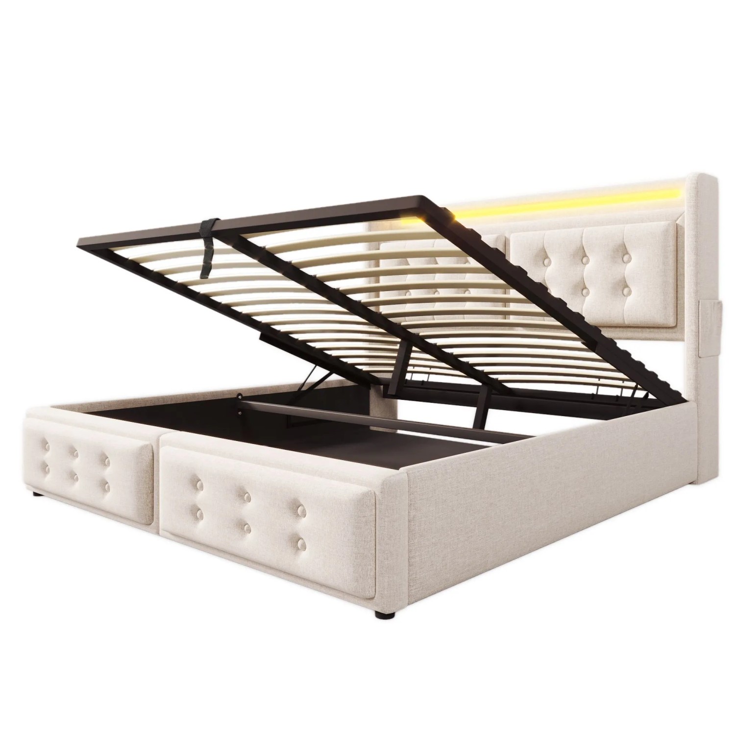 Merax Polsterbett 140x200cm LED USB-C Hydraulik Beige