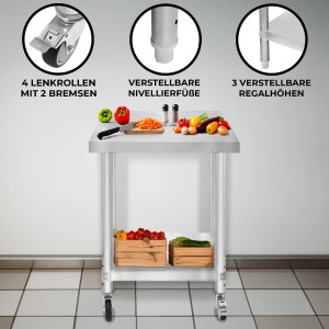 Monstershop Edelstahl Arbeitstisch 60x45x86cm mit Rollen und verstellbarem Regal.