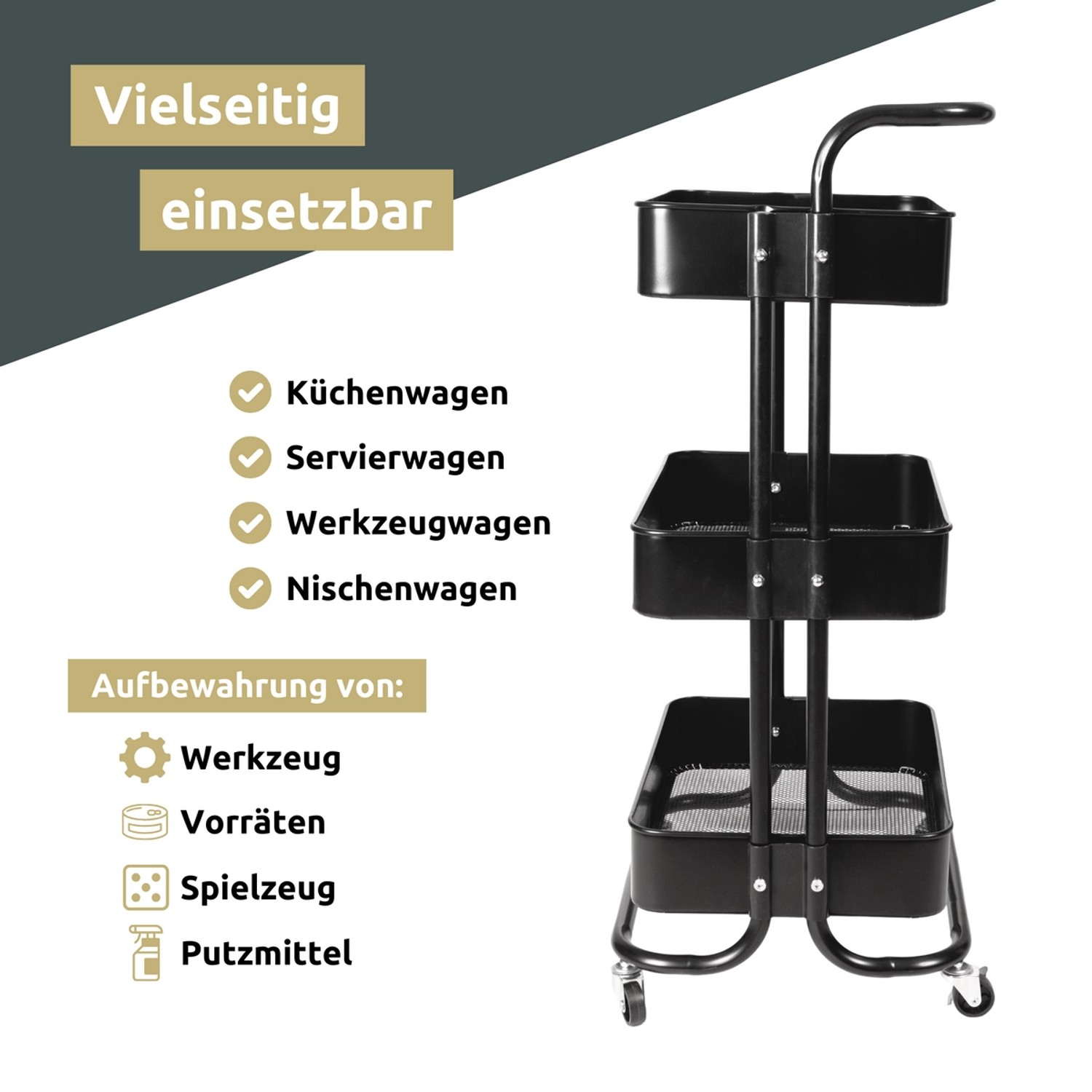 Schwarzer deluxe4home Rollwagen mit 3 Ablagen, ideal als Bad-Standregal.