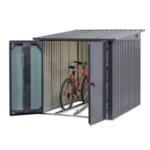 Floraworld Fahrradgarage für 4 Fahrräder, anthrazit, mit geöffneten Türen und einem Fahrrad darin.