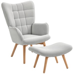 Grauer HOMCOM Ohrensessel mit Hocker, Kordbezug und Holzfüßen. Gemütlicher Loungesessel für Wohnzimmer.