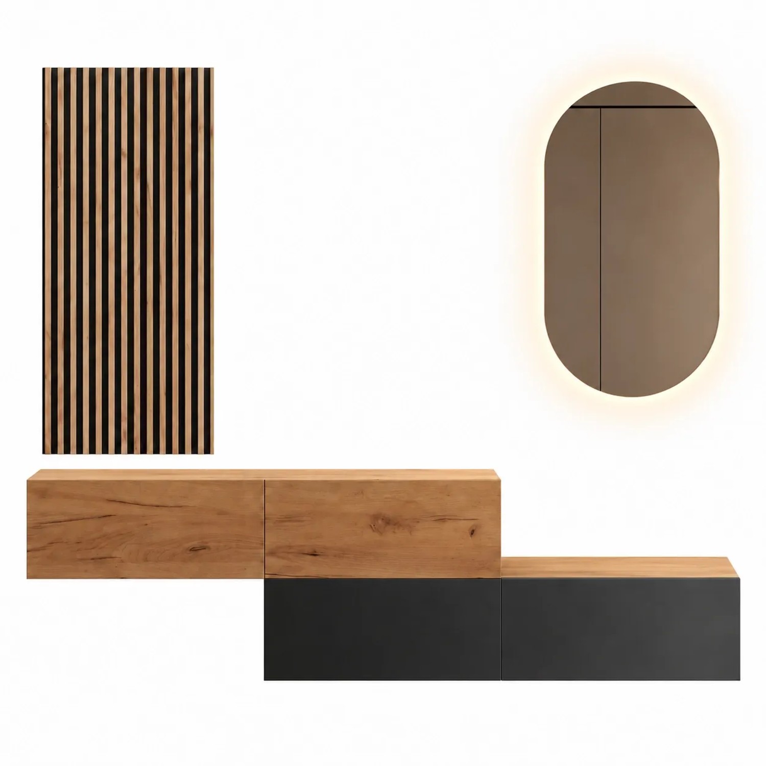 Planetmöbel Flurgarderobe Set 2 x 140 cm Gold Eiche Anthrazit Gold Eiche mit Wandpaneel und LED Spiegel Dimmbar