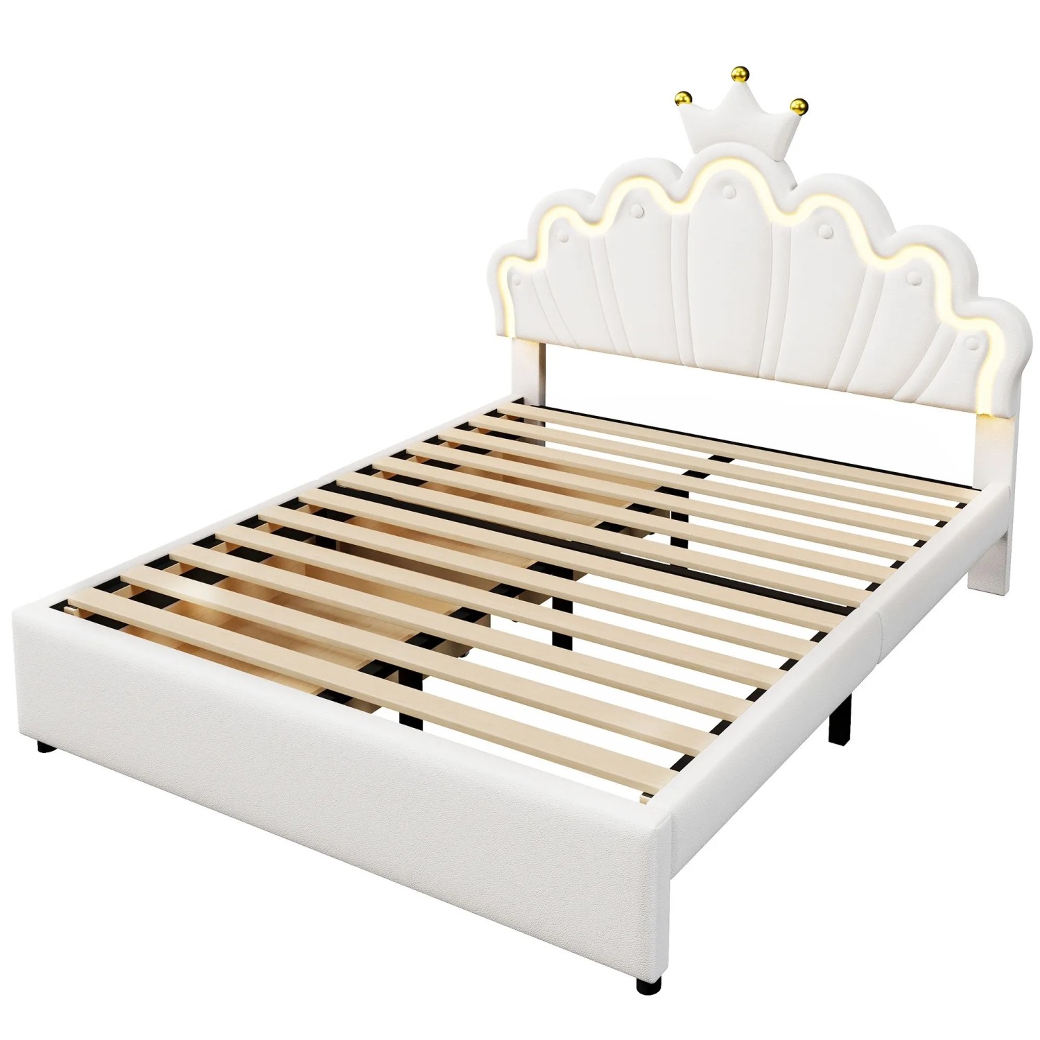 okwish Polsterbett 140x200cm mit LED Licht Schubladen Weiß ohne Matratze