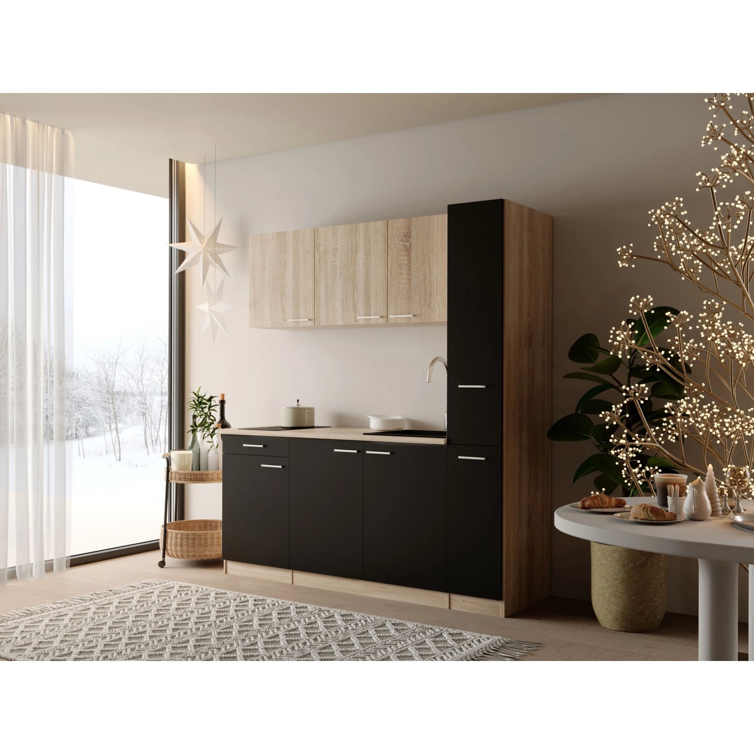 Respekta Ingrid Singleküche 180 cm Schwarz mit Apothekenschrank
