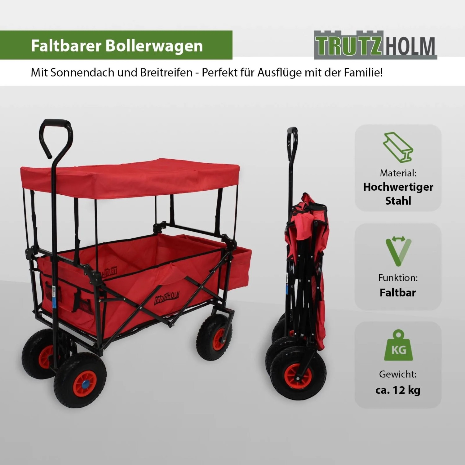TRUTZHOLM Bollerwagen Faltbar mit Dach PU Rädern Hecktasche und Teleskopgriff