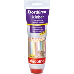 Tube Decotric Bordürenkleber 250g mit Bürste für sauberes Kleben von Papier-, Vinyl- und Vliesbordüren.