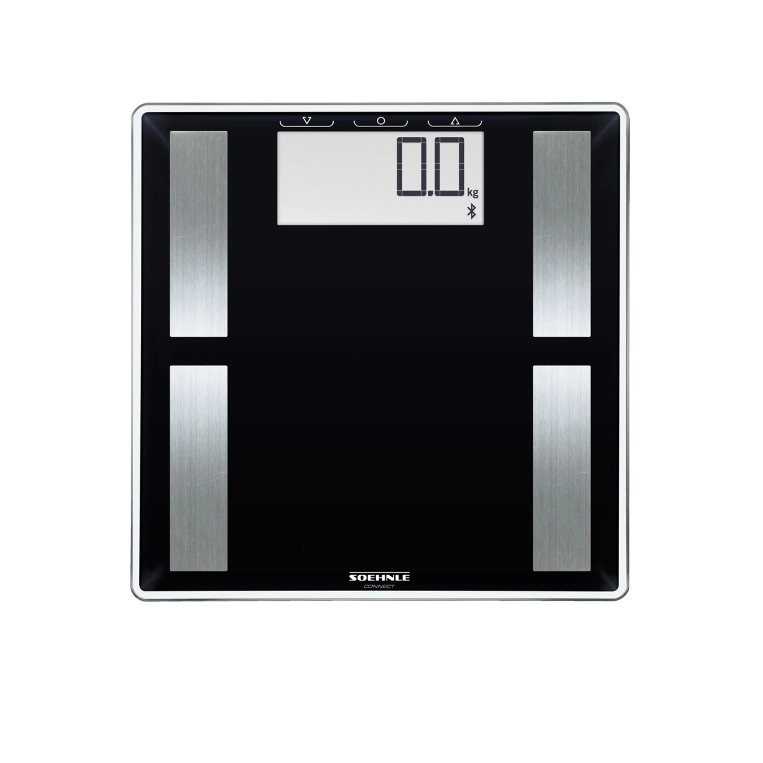 Leifheit Shape Sense Connect 50 Personenwaage in Schwarz-Silber mit digitaler Anzeige.