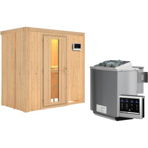 Karibu Sauna Vera mit Bio-Ofen und Steuerung, Holz-Glastür. Massivholzsauna mit Ofen und Steuerung.