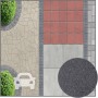 Terralith 2k Pflasterfugenmörtel Anthrazit Basalt für PKW-Flächen. Dunkelgraue Granulattextur zwischen verschiedenen Pflastersteinen.