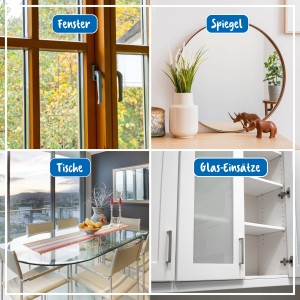 Anwendungsbeispiele Poliboy Glas-Feuchttücher XXL für Fenster, Spiegel, Tische und Glas-Einsätze.