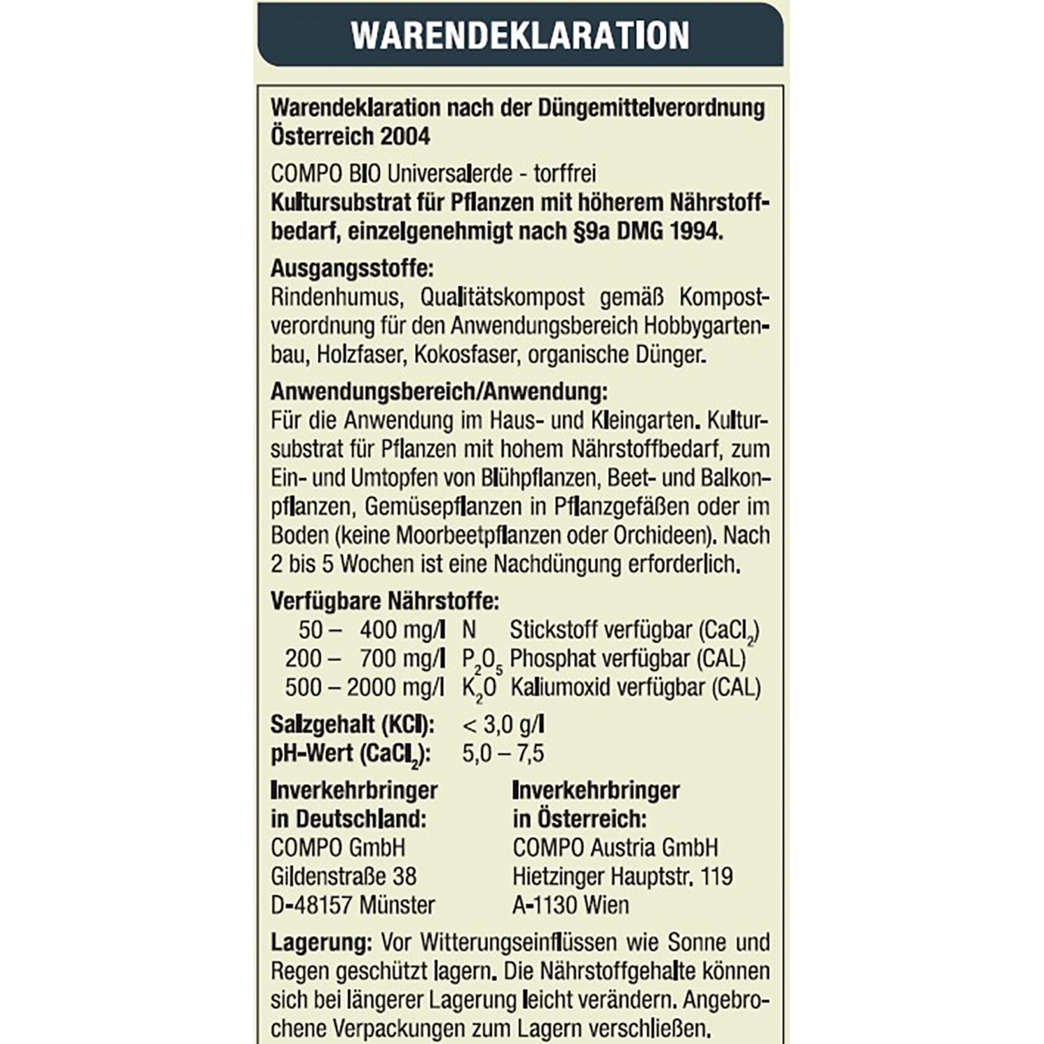 Detail der Inhaltsangabe Compo Bio Universal-Erde torffrei 40L