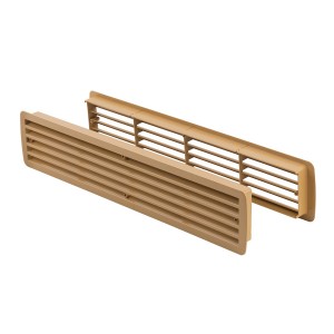 Buchefarbenes Türgitter aus Kunststoff zur Raumbelüftung.