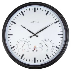 NeXtime Quarzwanduhr 43 cm, schwarz-weiss, mit Thermometer & Hygrometer. Wetterfest für Innen- & Aussenbereich.