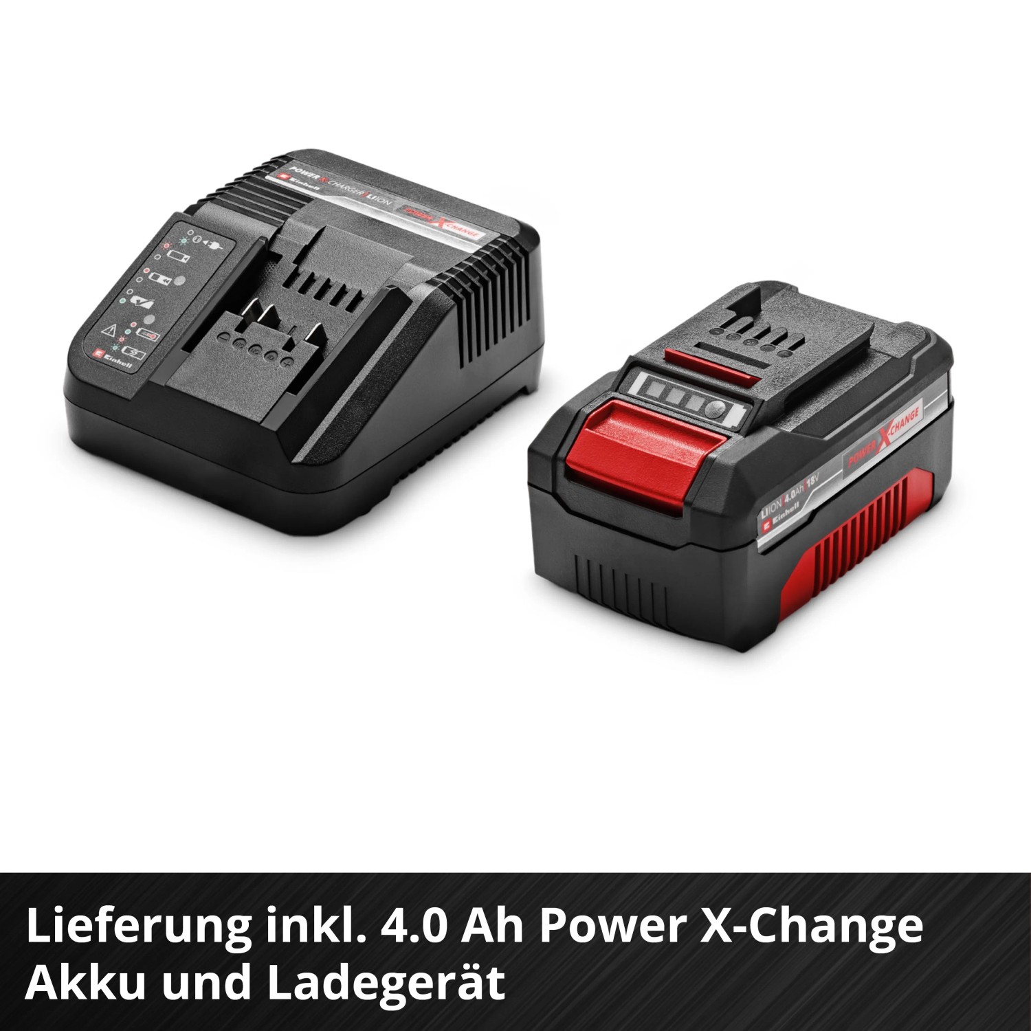 Einhell Power X-Change 4 Ah Akku und Ladegerät. Schwarzes Zubehör für Akku-Stielstaubsauger.