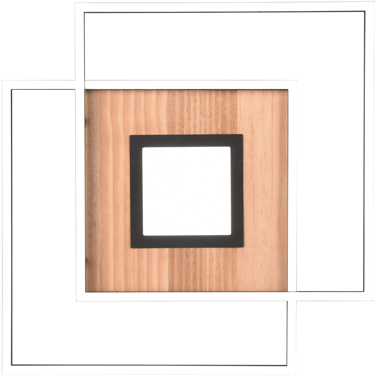 Moderne Trio LED Deckenleuchte Via in Holzoptik mit schwarzem Rahmen.