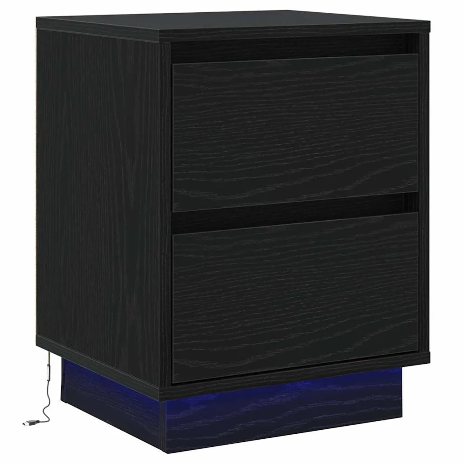 Schwarzer vidaXL Nachttisch mit 2 Schubladen und LED-Beleuchtung.
