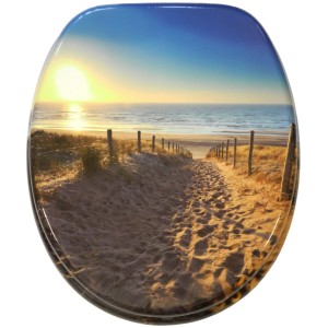 Sanilo WC-Sitz Düne mit Absenkautomatik, Holz-Toilettendeckel mit Strandmotiv.