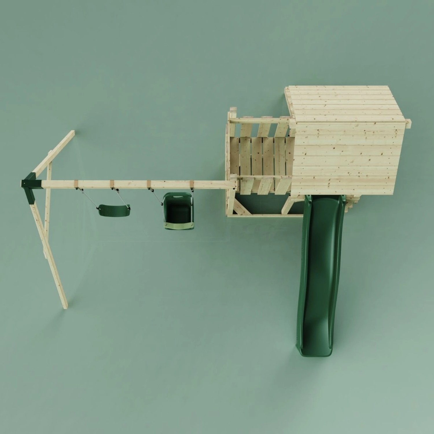 PolarPlay Spielturm Uppsala mit Schaukel, Babyschaukel, Kletterwand und grüner Rutsche.