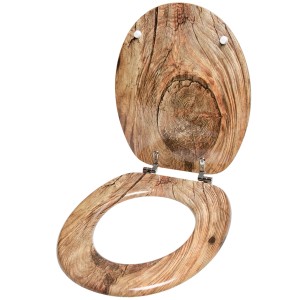 Sanilo WC-Sitz Rustikal aus Holz mit Baumscheiben-Muster, geöffnet.