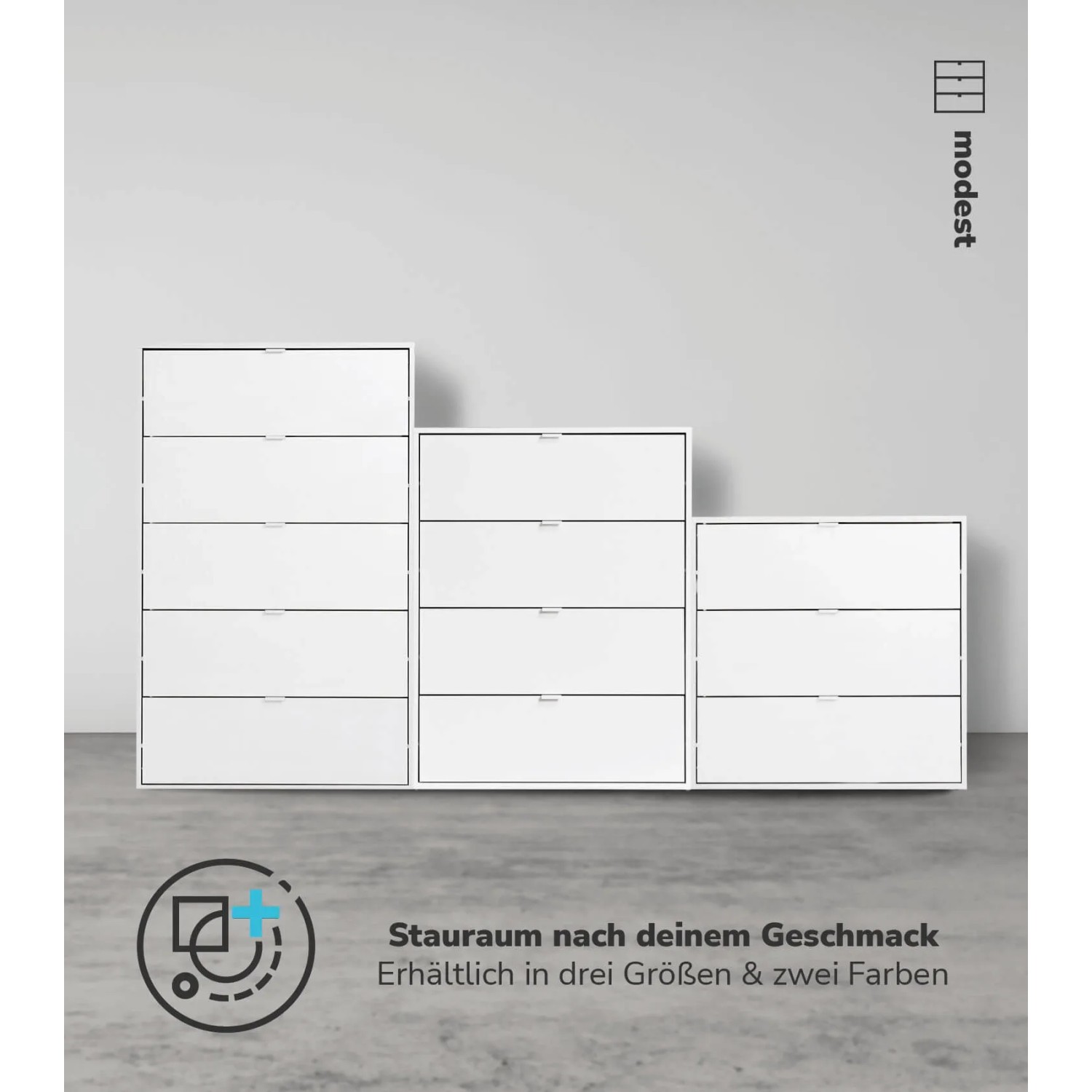 Weiße mokebo Kommoden in drei Größen, ideal als Sideboard oder Highboard.