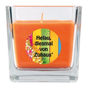 Orange Duftkerze im Glas mit Karneval-Motiv und Honigmelonen-Duft, Brenndauer 50h.
