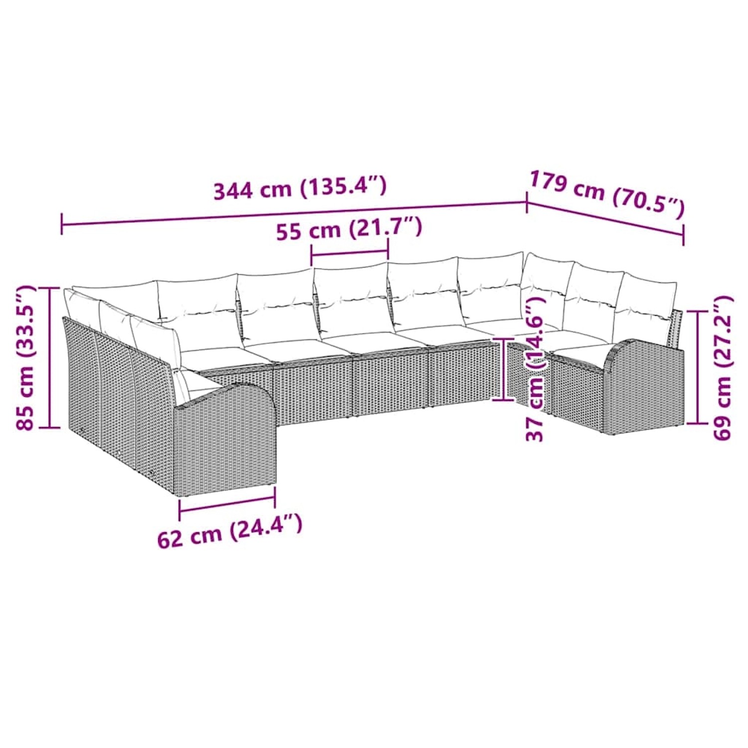 vidaXL Garten-Sofa-Set, 10-teilig, schwarz, Poly Rattan, mit Maßangaben.
