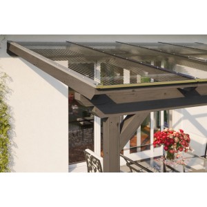 Skan Holz Terrassenüberdachung Ancona, Leimholz schiefergrau mit Polycarbonat-Doppelstegplatten.