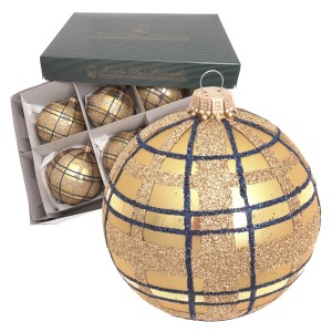 6er-Set goldene Krebs Glas Lauscha Weihnachtskugeln (8cm) im Scottish Design mit blauem Glitzer.