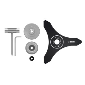 Bosch Umrüstsatz-Dickichtmesser für GRT 18V-40, bestehend aus Messer, Adapter und Montagematerial.