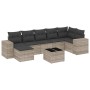 Hellgraue 8-tlg. vidaXL Garten-Sofagarnitur aus Polyrattan mit dunklen Kissen und Tisch.